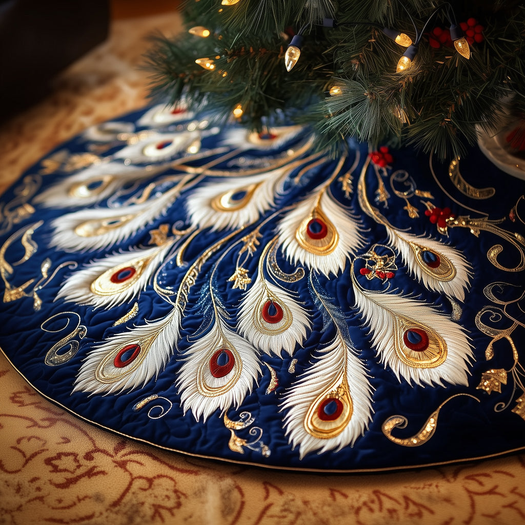 White and Gold Plumes on Navy Christmas Tree Skirt