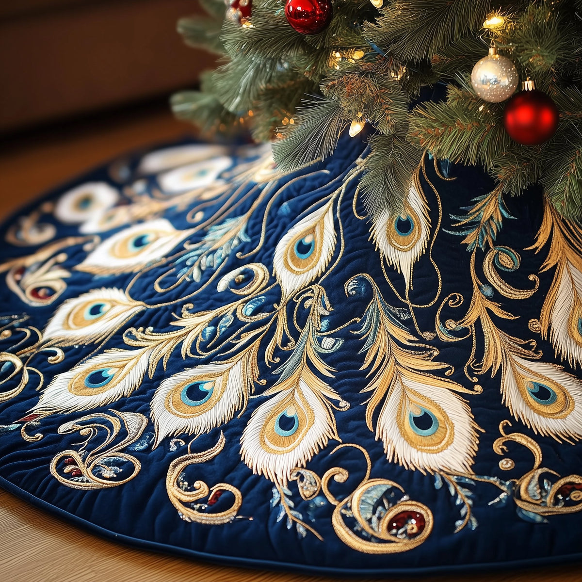 Golden Peacock Plumes on Navy Christmas Tree Skirt