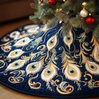 Golden Peacock Plumes on Navy Christmas Tree Skirt