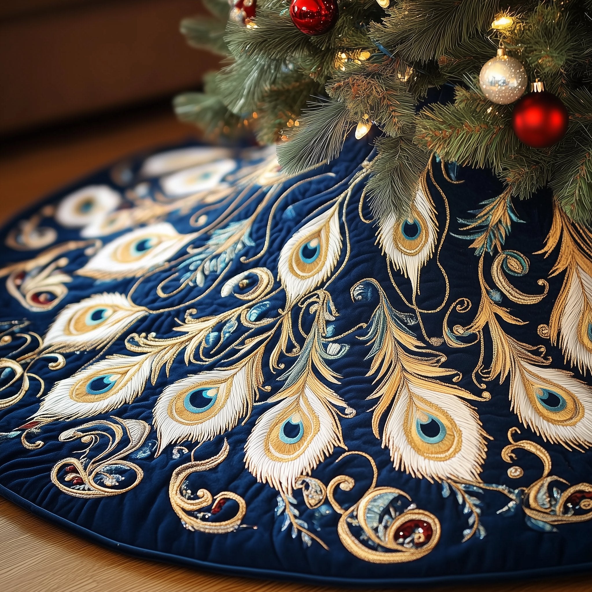 Golden Peacock Plumes on Navy Christmas Tree Skirt