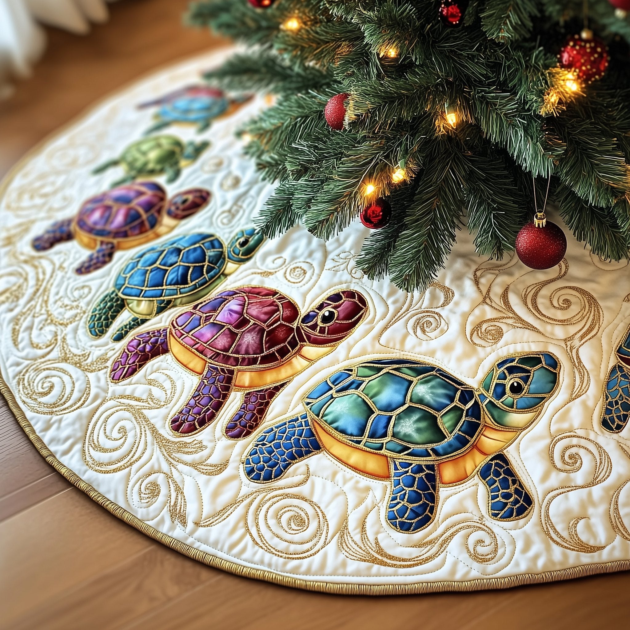 Jewel Turtles on Cream Swirls Christmas Tree Skirt
