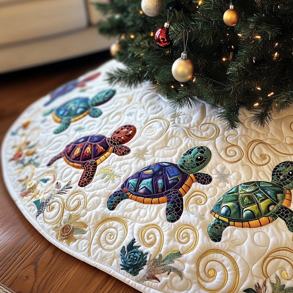 Turtles on White with Gold Swirls Christmas Tree Skirt