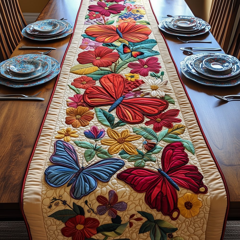 Red and Blue Butterflies on Cream Table Runner