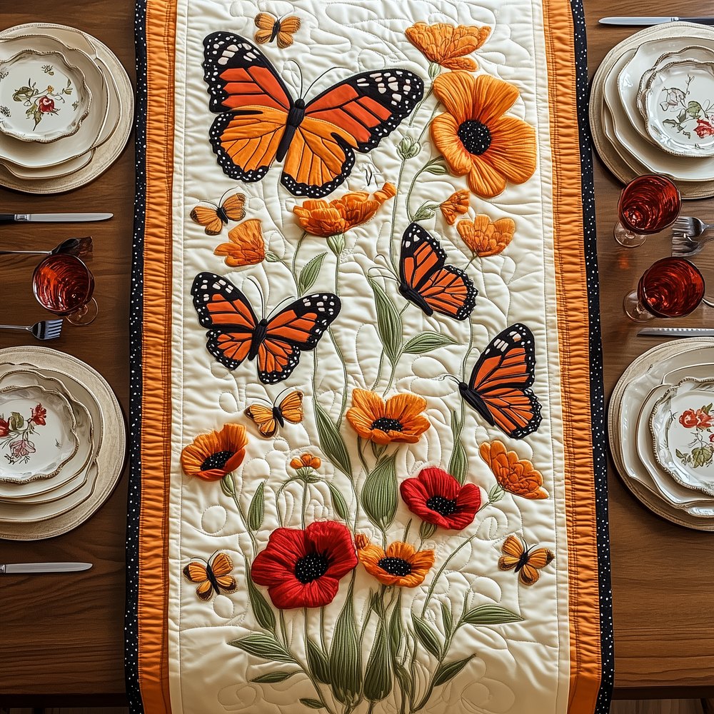 Monarchs with Red Poppies on Cream Table Runner