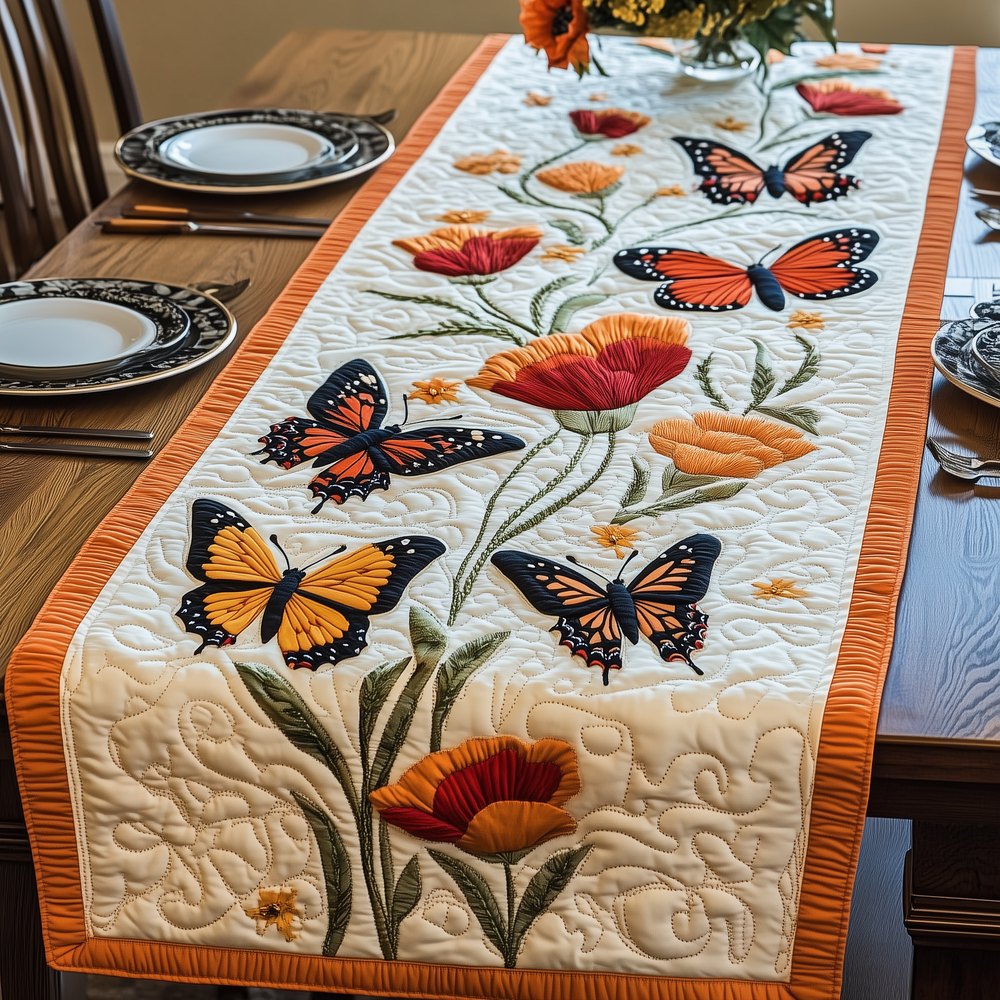 Monarch Butterflies Over Cream Meadow Table Runner