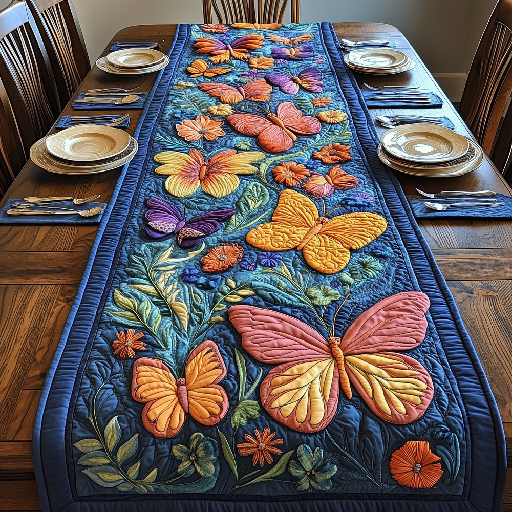 Pastel Butterflies with Blue Border Table Runner