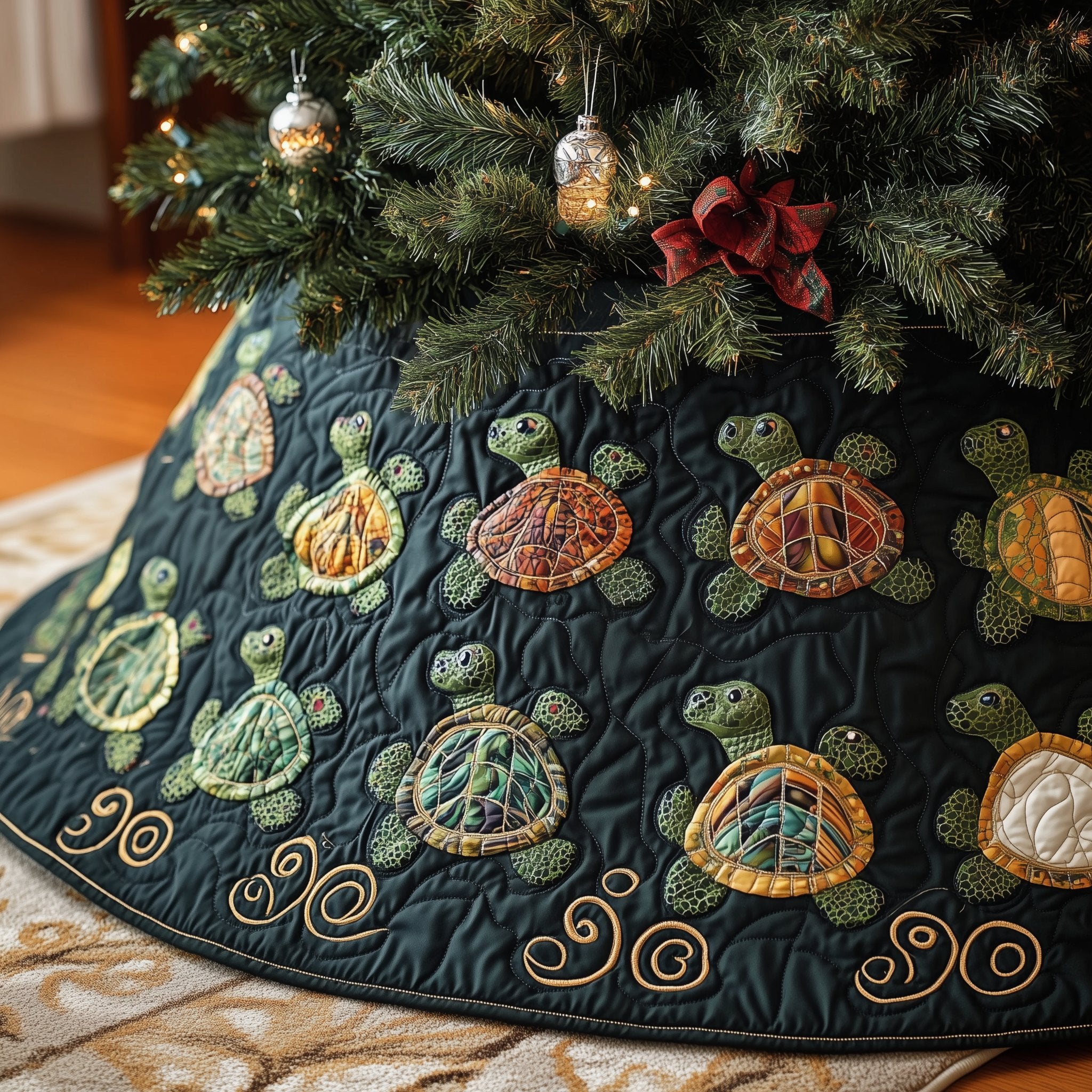 Small Turtles on Dark Teal Christmas Tree Skirt