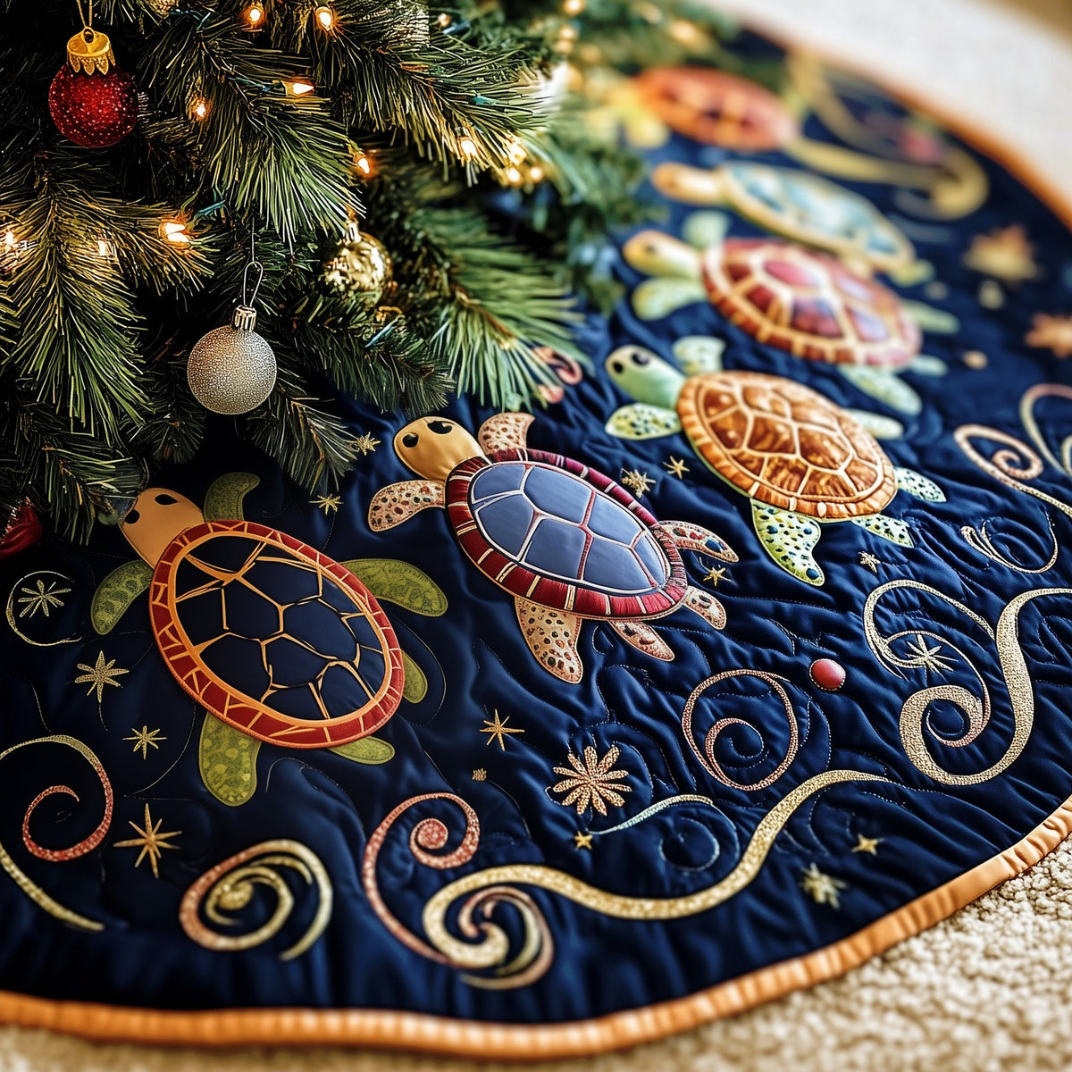 Turtles on Navy with Gold Swirls Christmas Tree Skirt