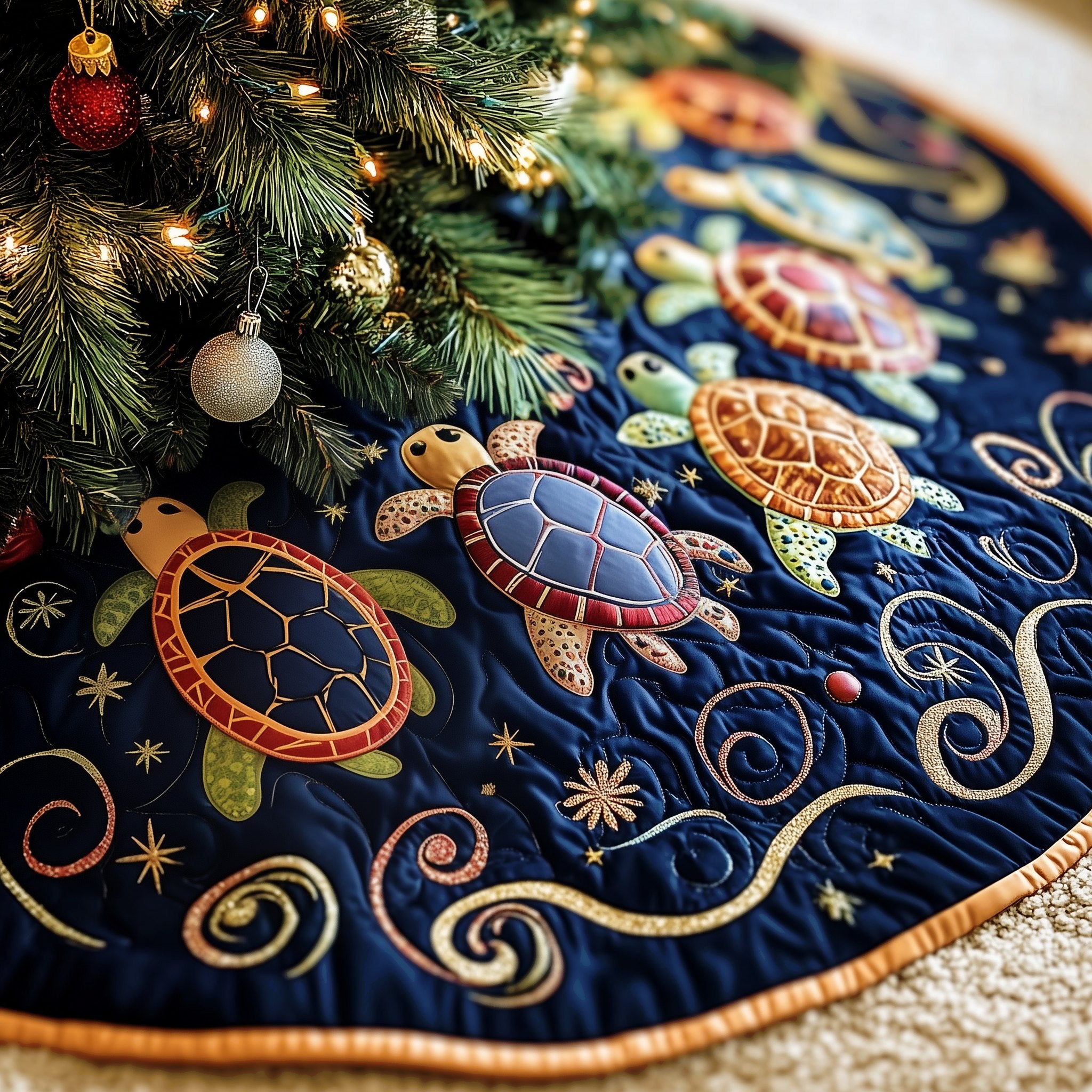 Turtles on Navy with Gold Swirls Christmas Tree Skirt