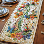 White Bunnies with Eggs and Blossoms Table Runner