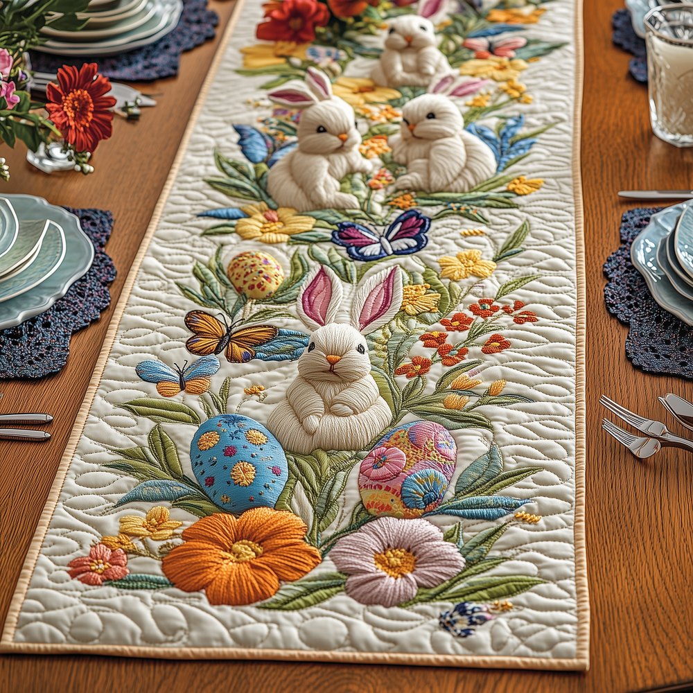 Easter Bunny with Butterflies and Eggs Table Runner