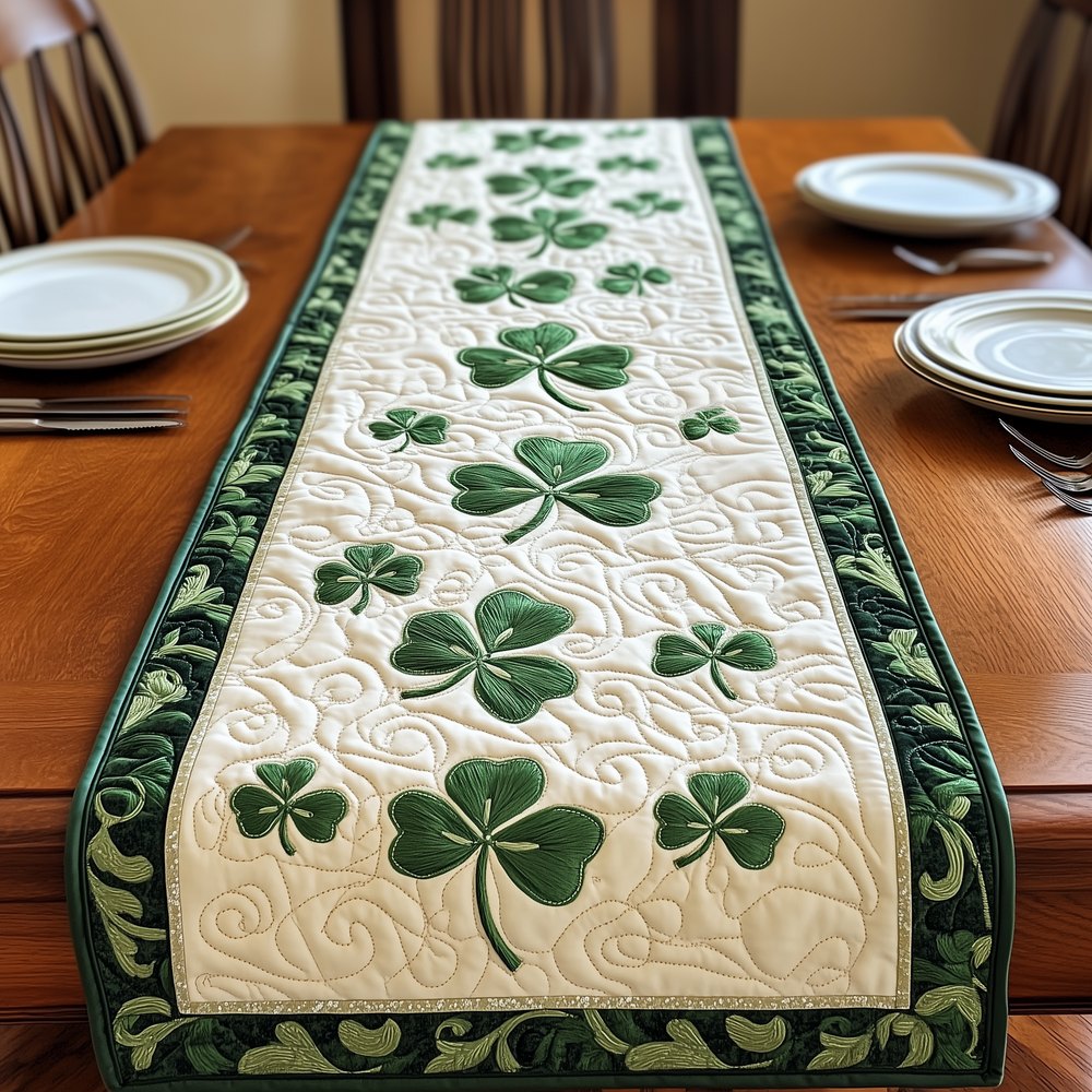 Shamrocks on Ivory with Green Edge Table Runner