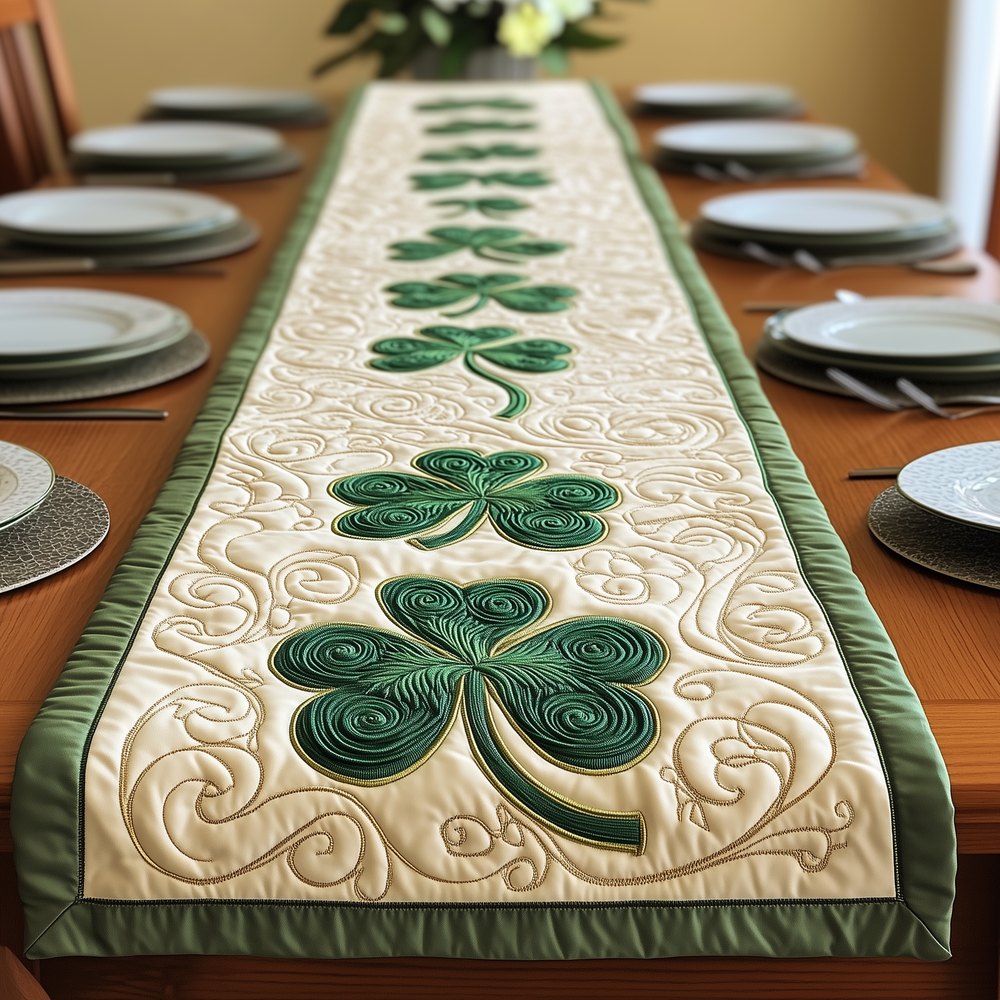 Single Shamrock on Cream Panel Table Runner