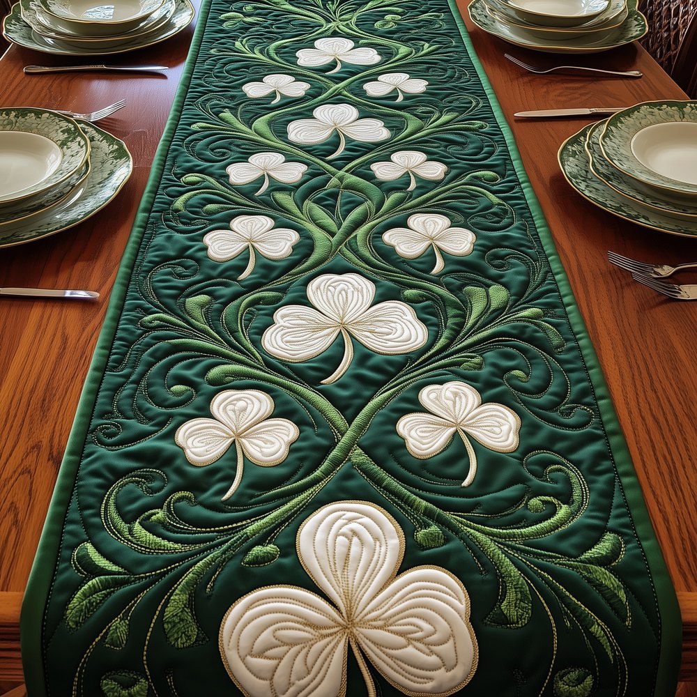 Cream Shamrocks on Deep Green Trellis Table Runner
