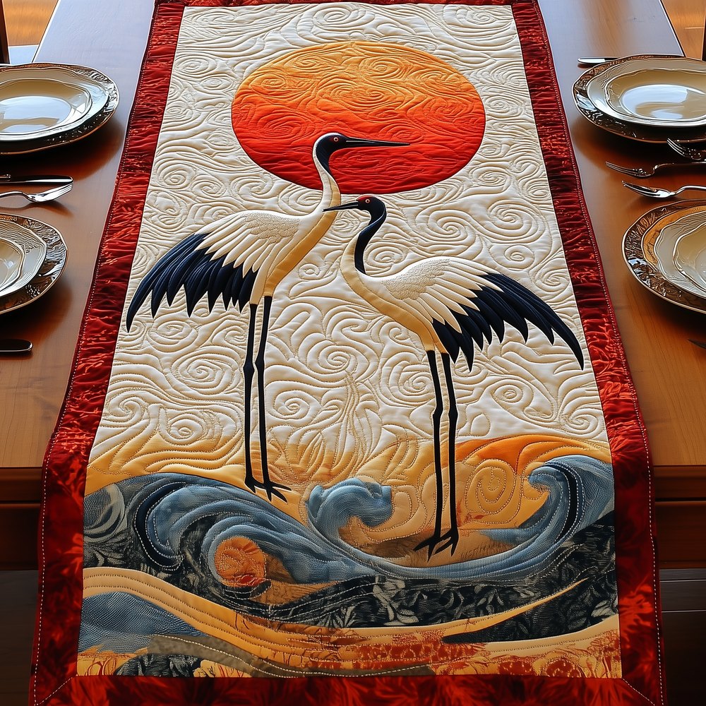 Cranes Against Red Rising Sun Table Runner