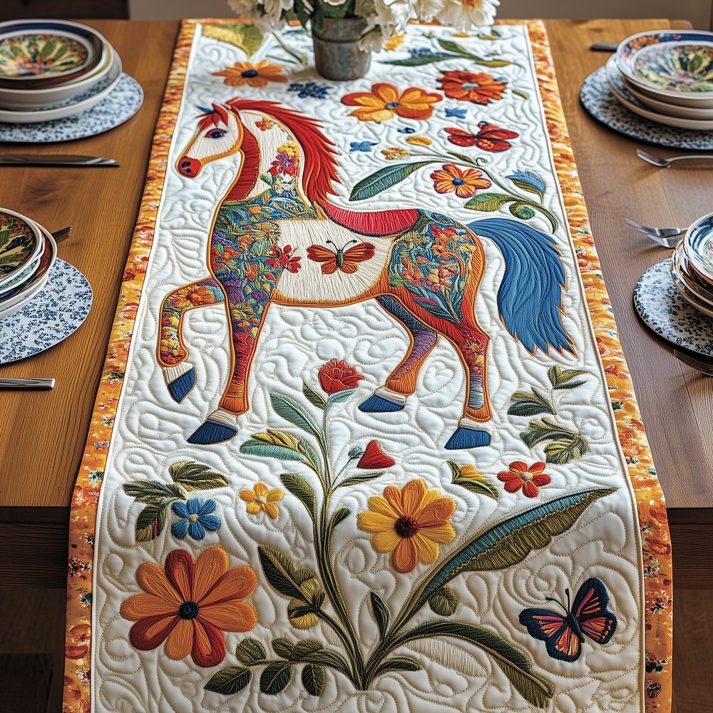 Folk Art Horse with Flowers Table Runner
