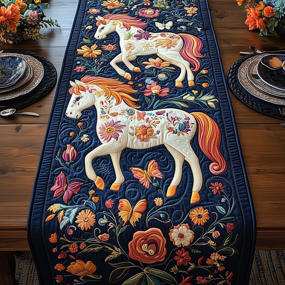 Folk Horse on Navy with Butterflies Table Runner