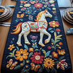 White Horse Among Navy Blooms Table Runner
