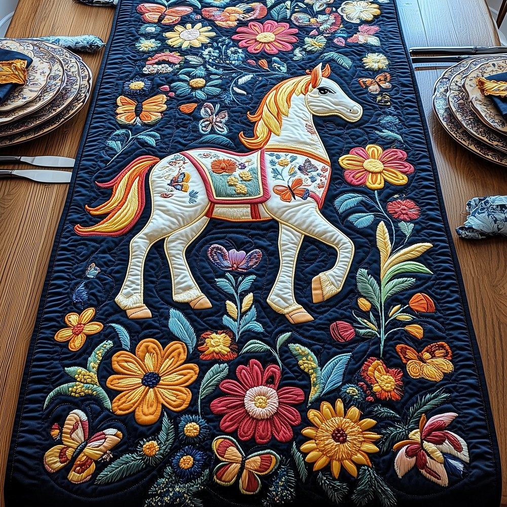 White Horse Among Navy Blooms Table Runner