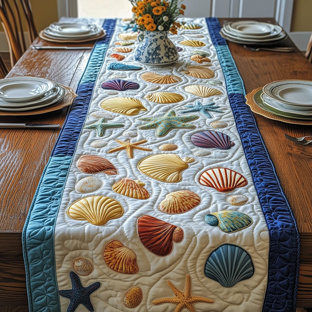 Scattered Seashells on White Table Runner