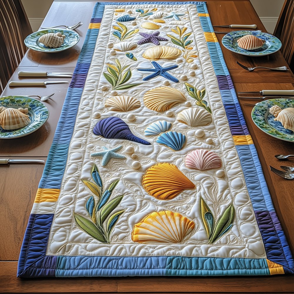 Shells and Seaweed on Blue Table Runner