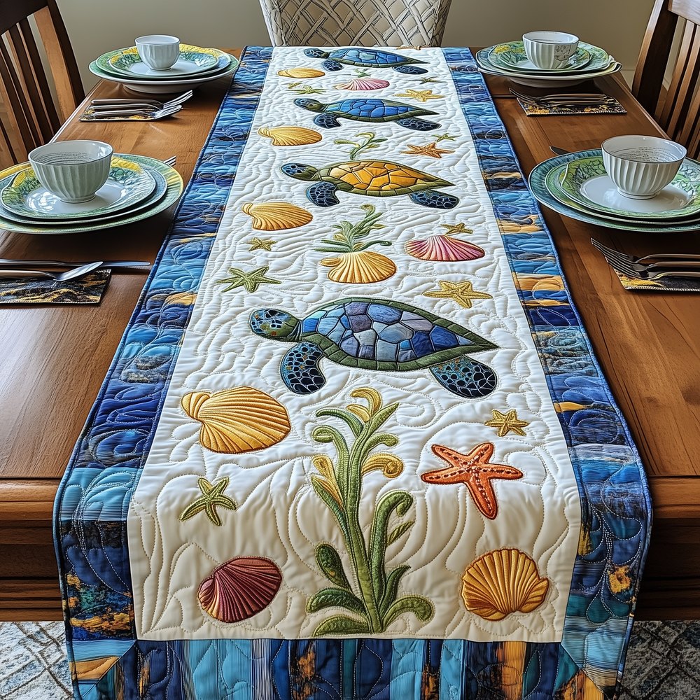 Sea Turtle and Shells on White Table Runner