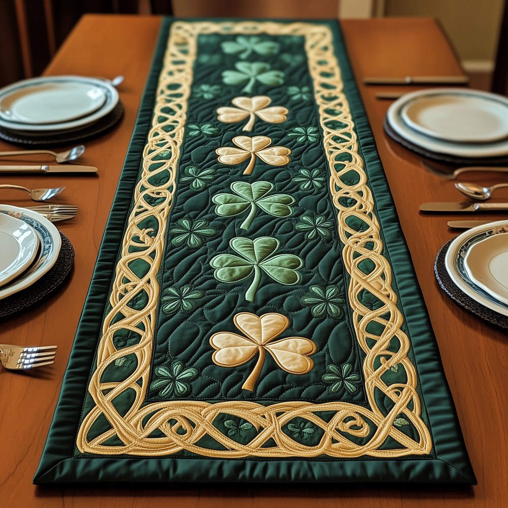 Shamrock Trail on Emerald with Celtic Braid Table Runner