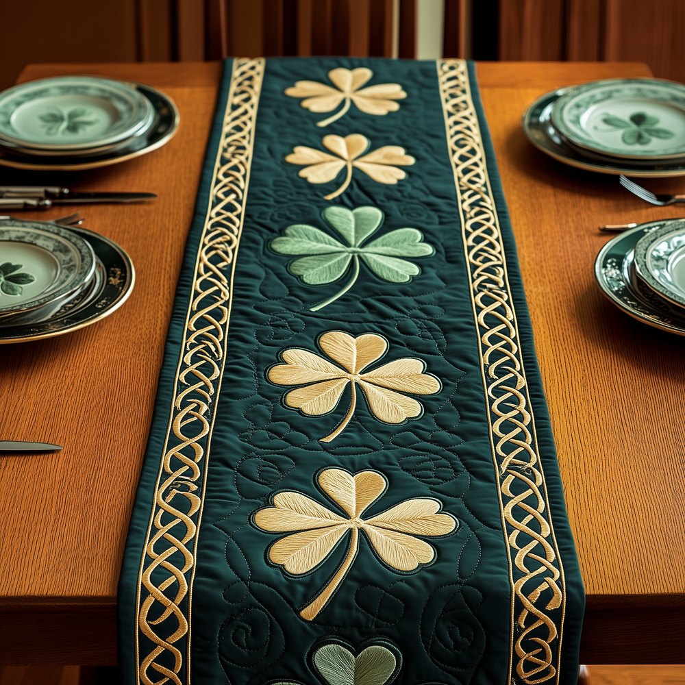 Ivory Shamrocks on Pine Green Table Runner