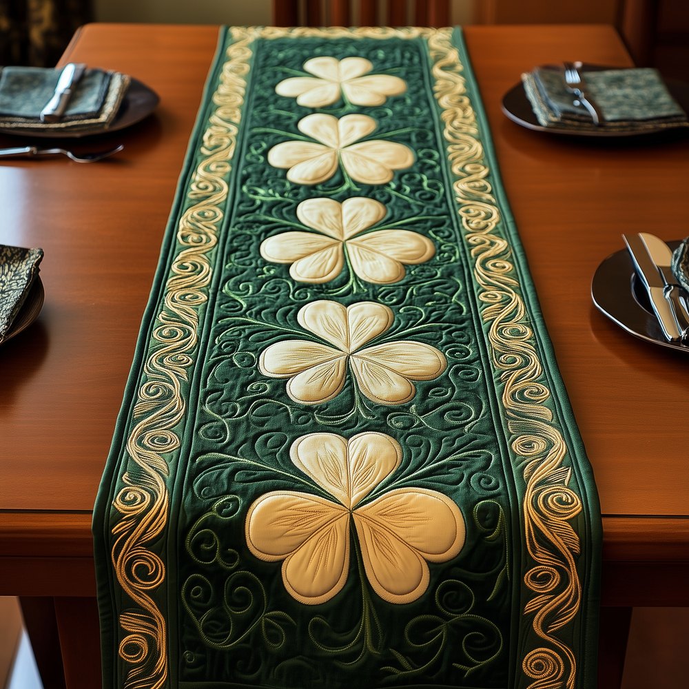 Cream Clover on Emerald Band Table Runner