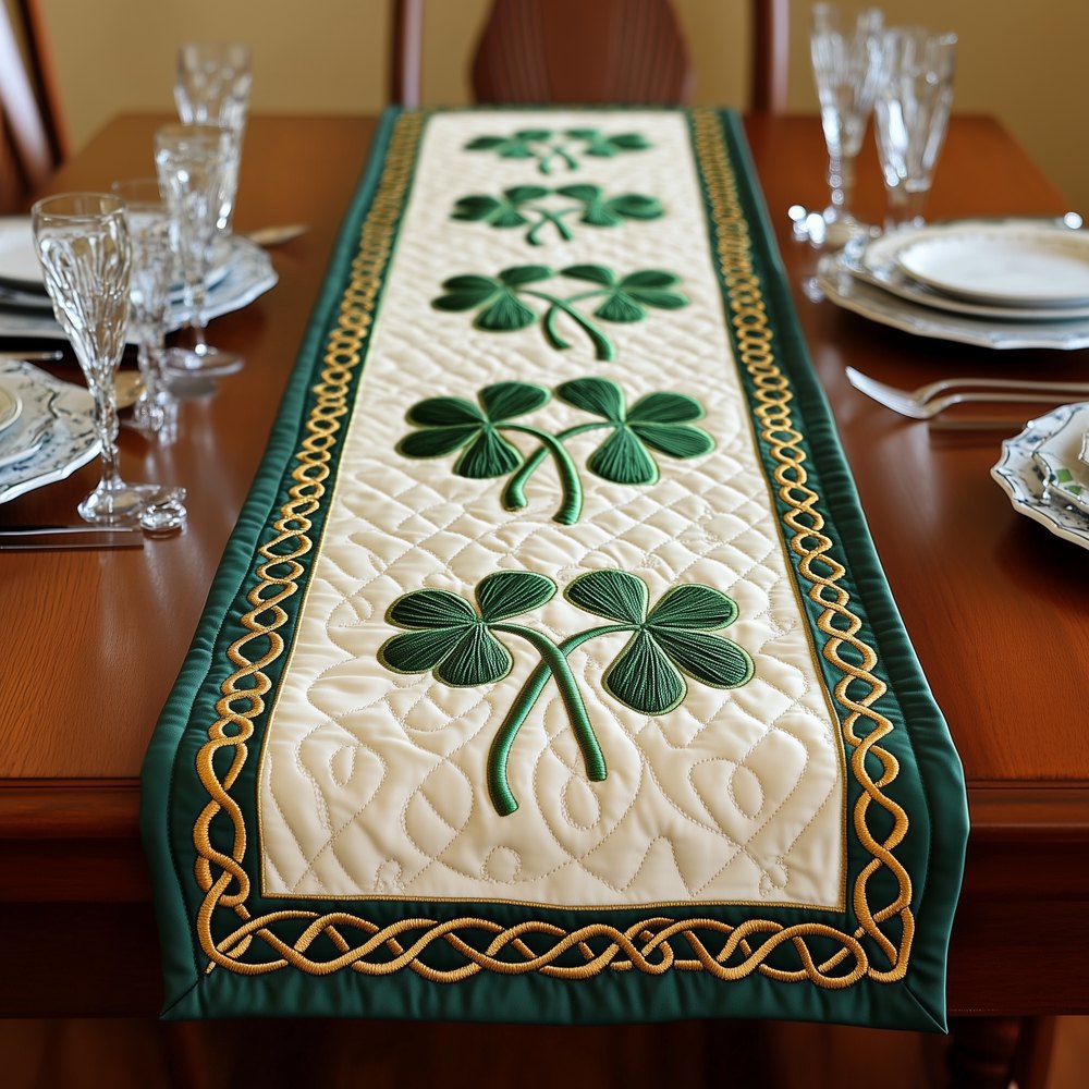 Green Shamrocks on Ivory Runner Table Runner