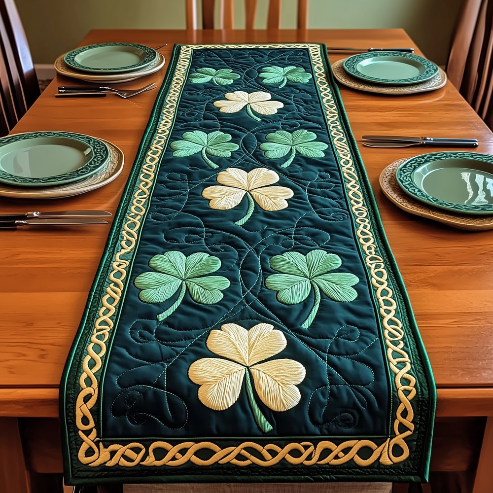 Mint Clover on Teal Panel Table Runner