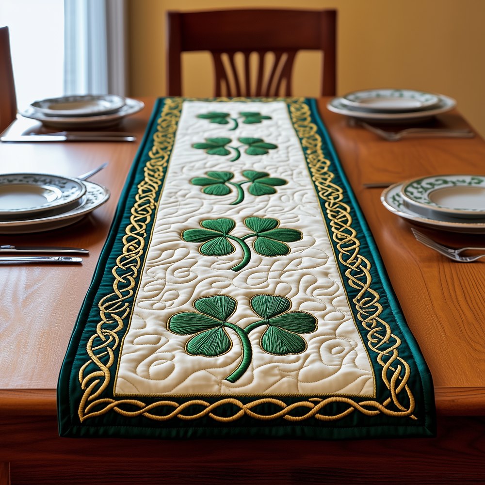 Clover Sprigs on Cream with Green Edge Table Runner