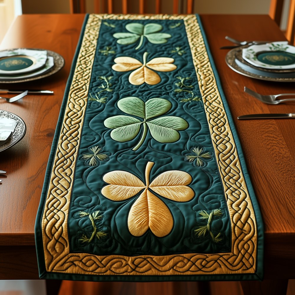 Golden and Sage Clover on Teal Table Runner