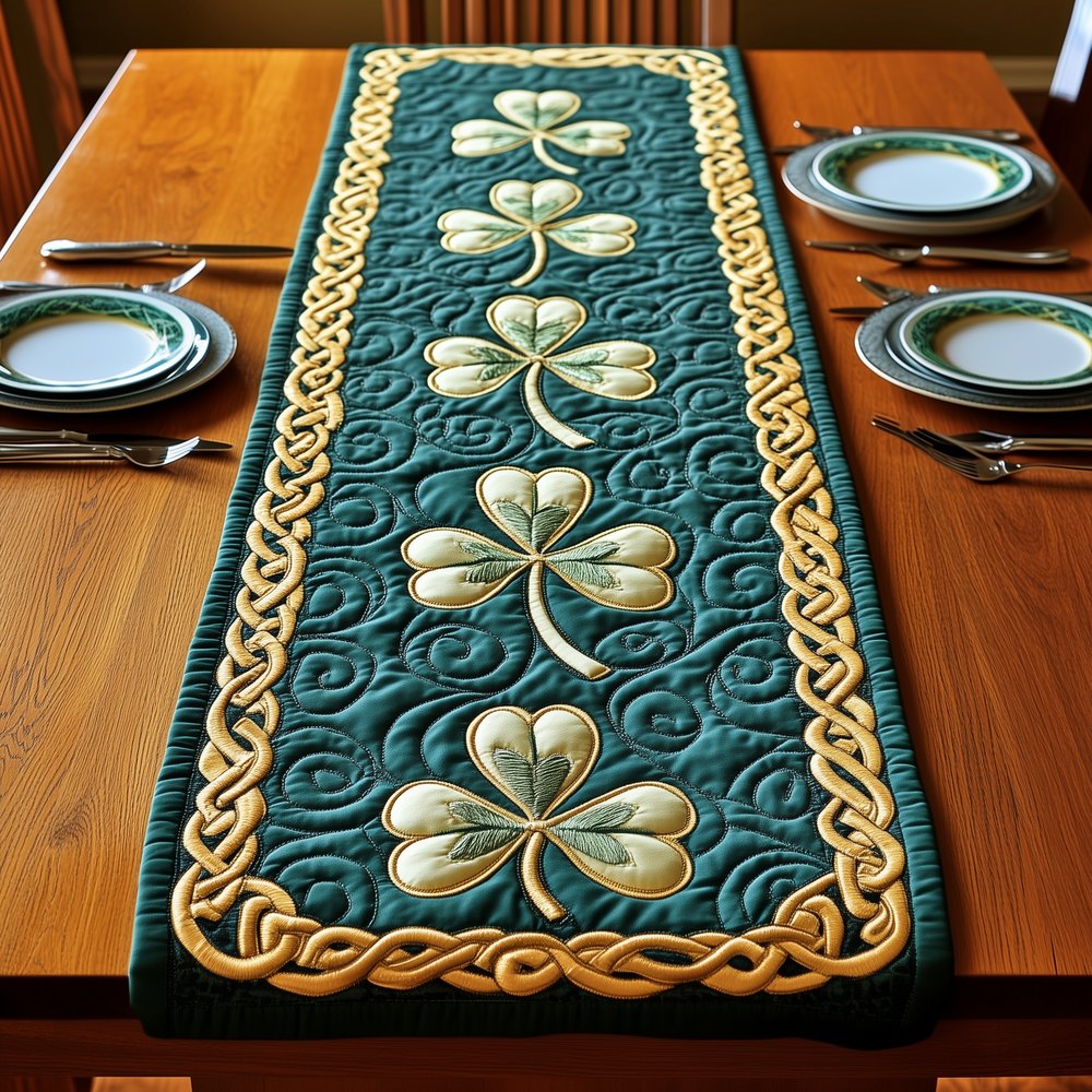 Ivory Clover Pairs on Deep Teal Table Runner