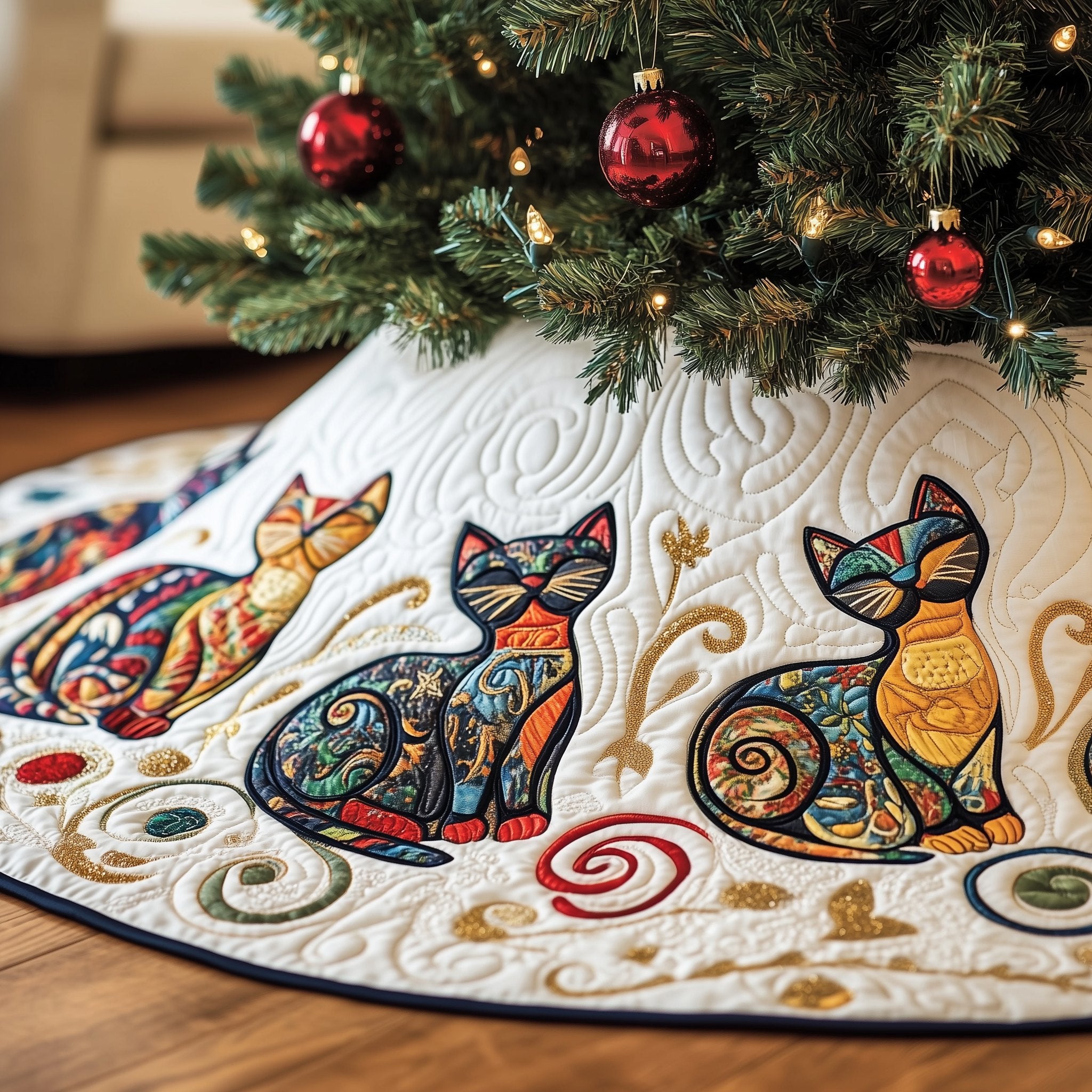 Folk Art Cats in Swirled Colour Christmas Tree Skirt