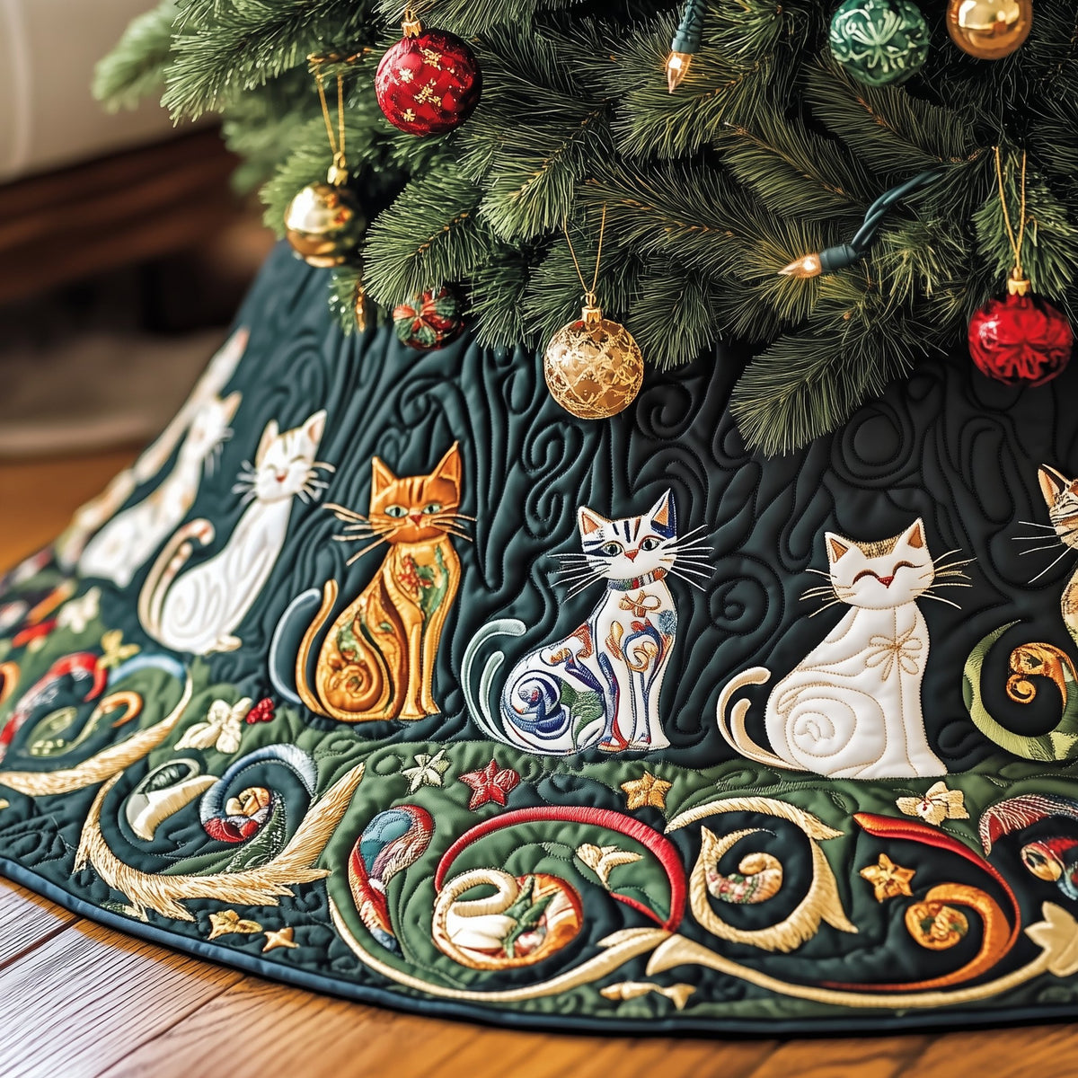 Folk Cats on the Emerald Scroll Christmas Tree Skirt