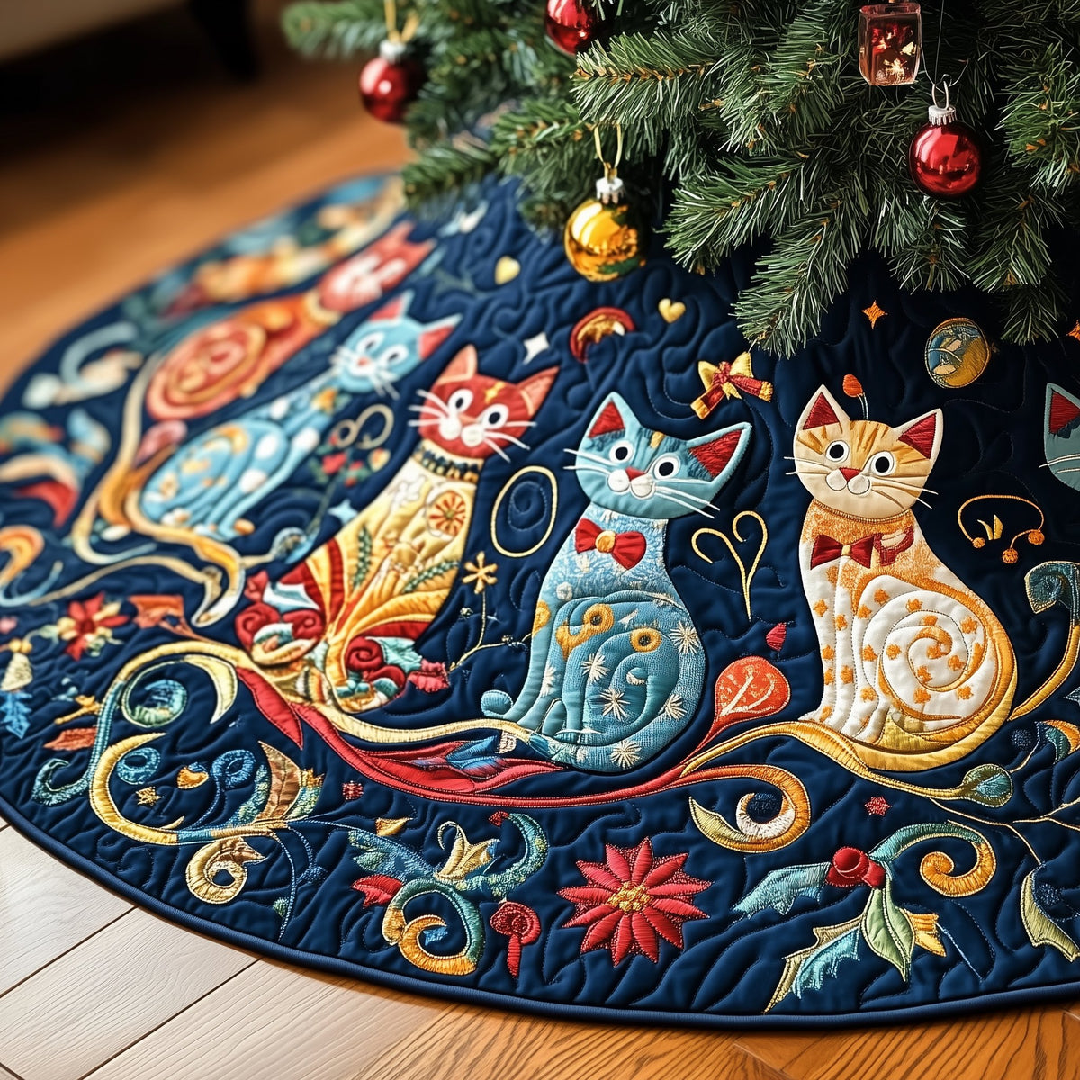 Paisley Folk Cats on Navy Christmas Tree Skirt