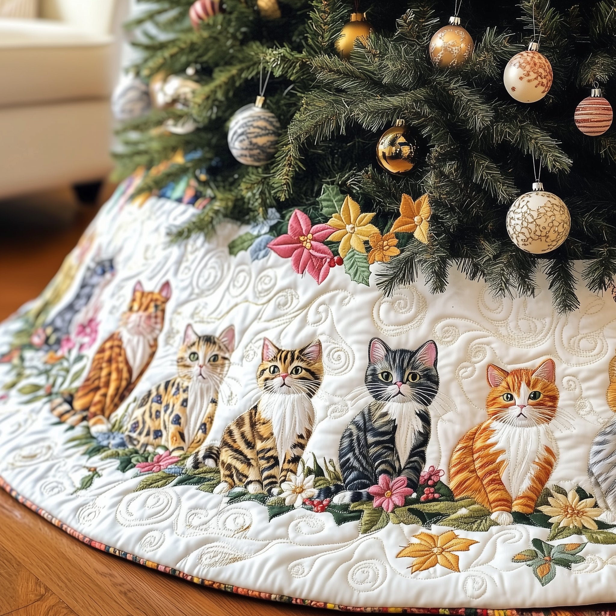 Ginger and Tabby Kittens with Flowers Christmas Tree Skirt