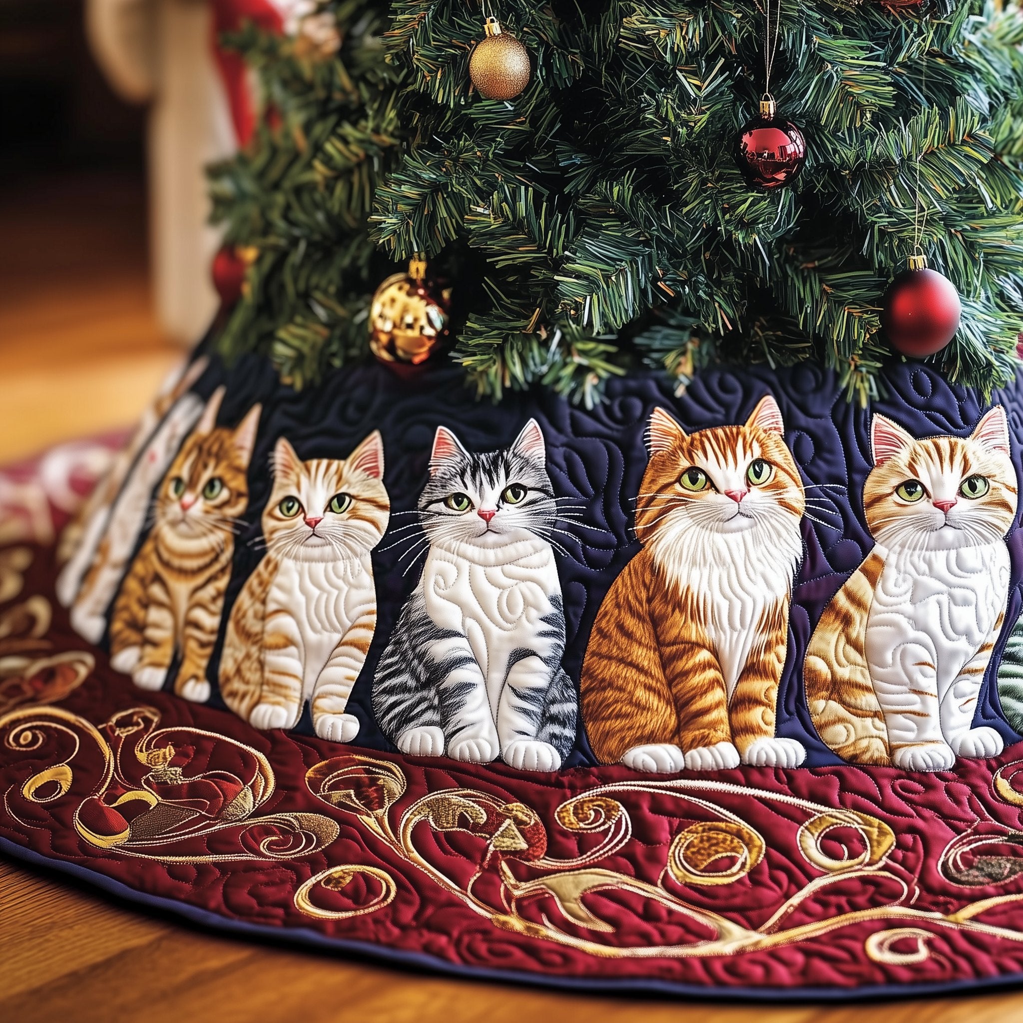 Cats Above the Red Swirl Border Christmas Tree Skirt