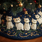 Cream Cats on Navy with Gold Scrolls Christmas Tree Skirt
