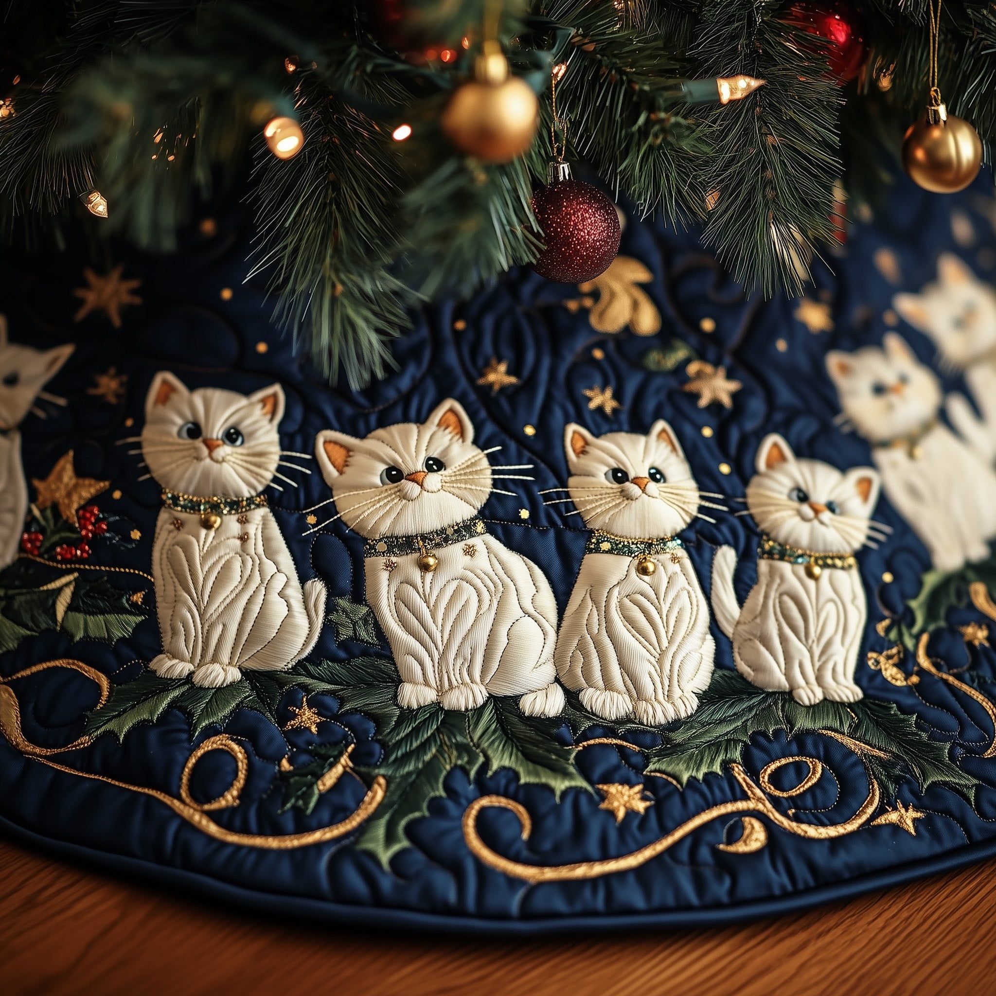 Cream Cats on Navy with Gold Scrolls Christmas Tree Skirt