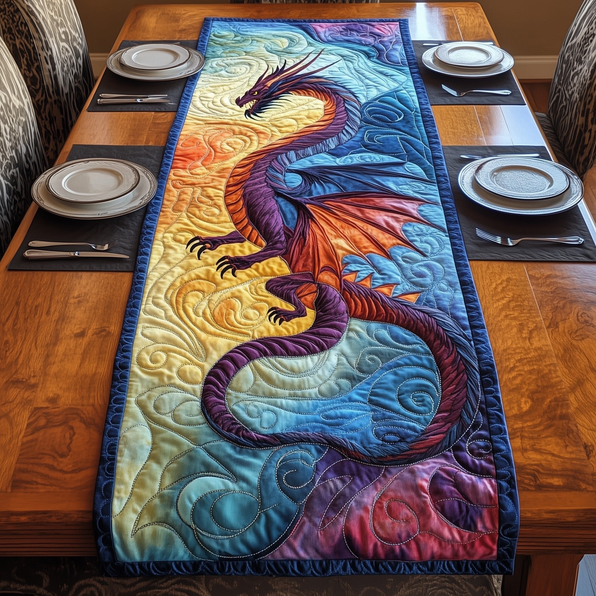 Blue Dragon on Rainbow Swirl Table Runner