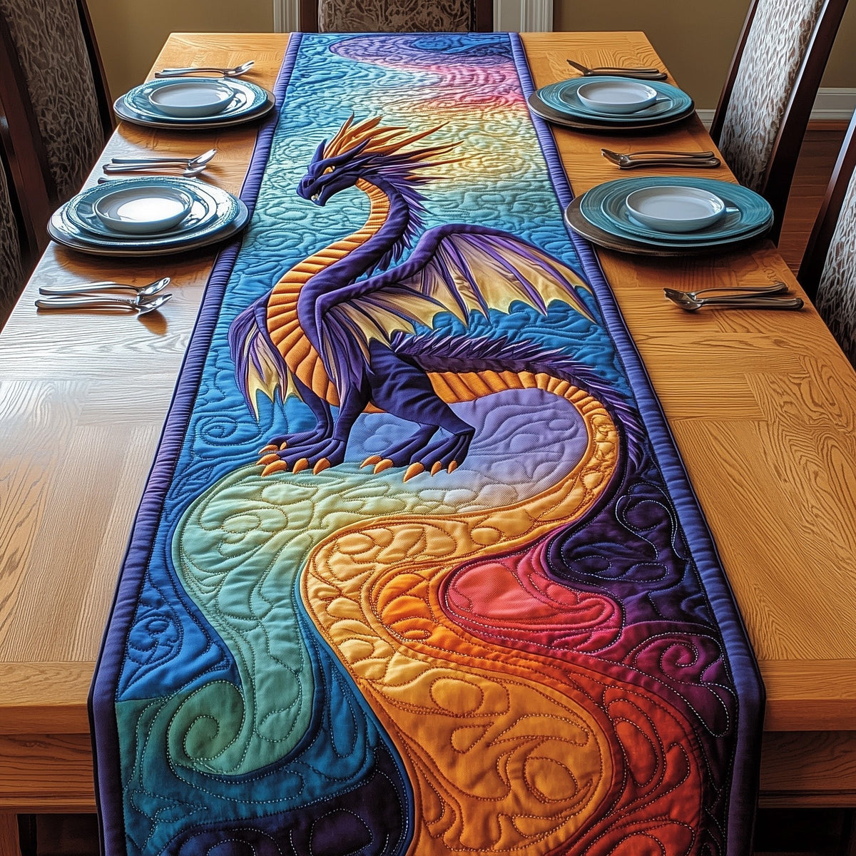 Blue Dragon on Orange Waves Table Runner