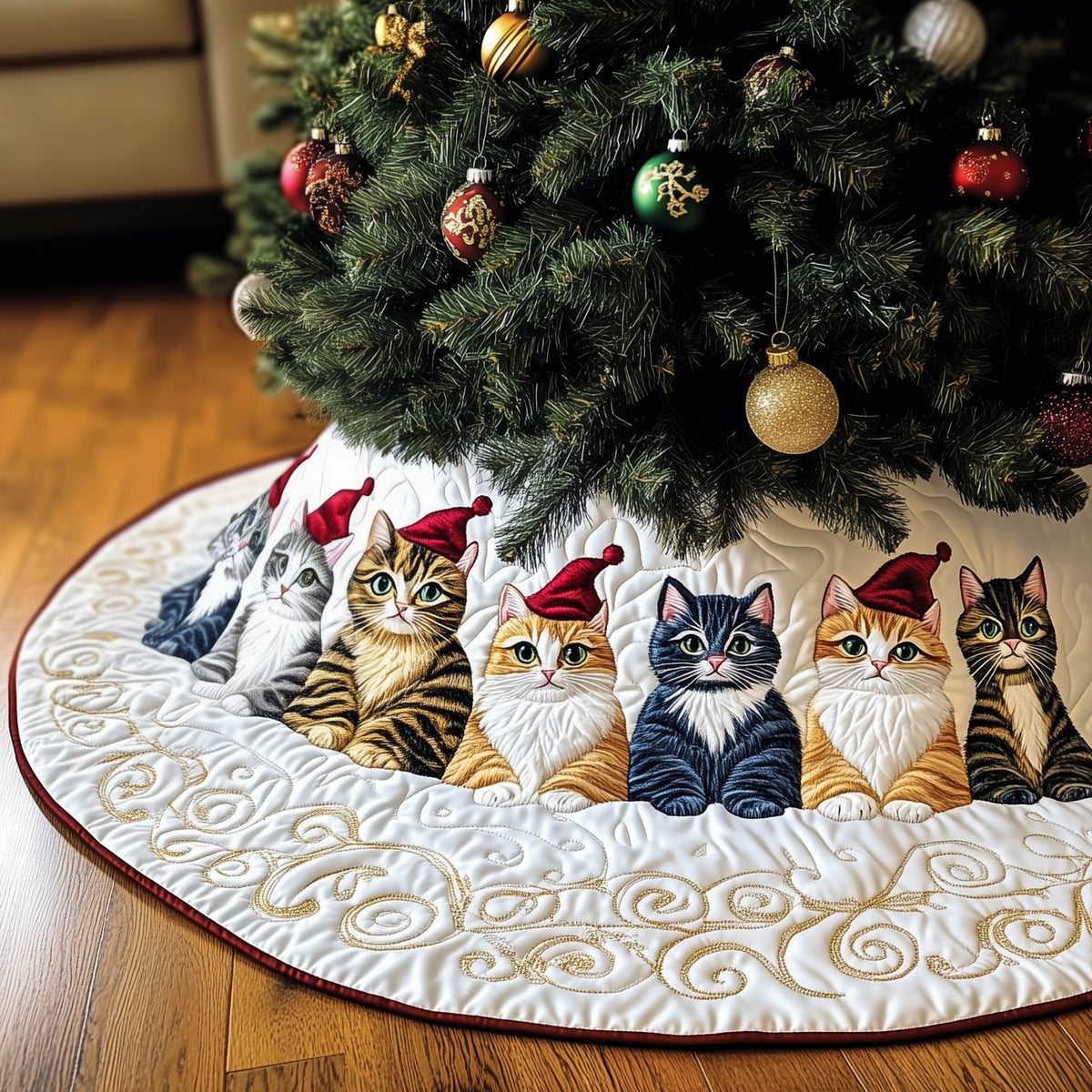 Cats in Santa Hats on White Swirls Christmas Tree Skirt