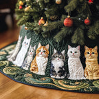 Fluffy Cats on Green with Gold Scrolls Christmas Tree Skirt