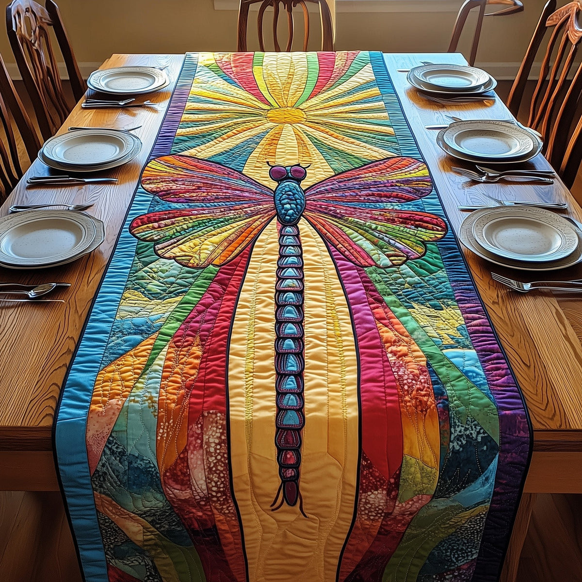 Rainbow Dragonfly on Bright Stripes Table Runner