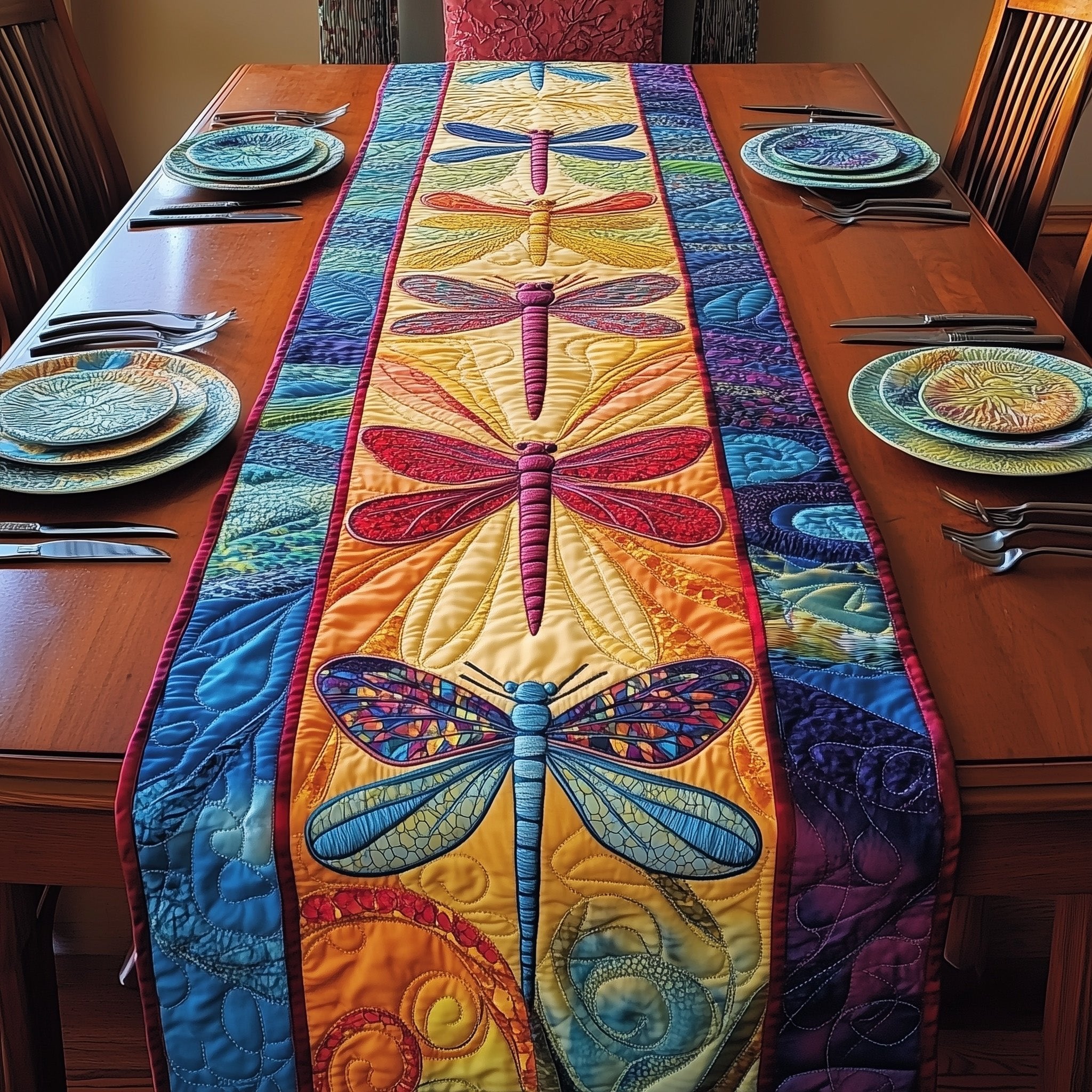 Dragonflies on Blue and Orange Stripes Table Runner
