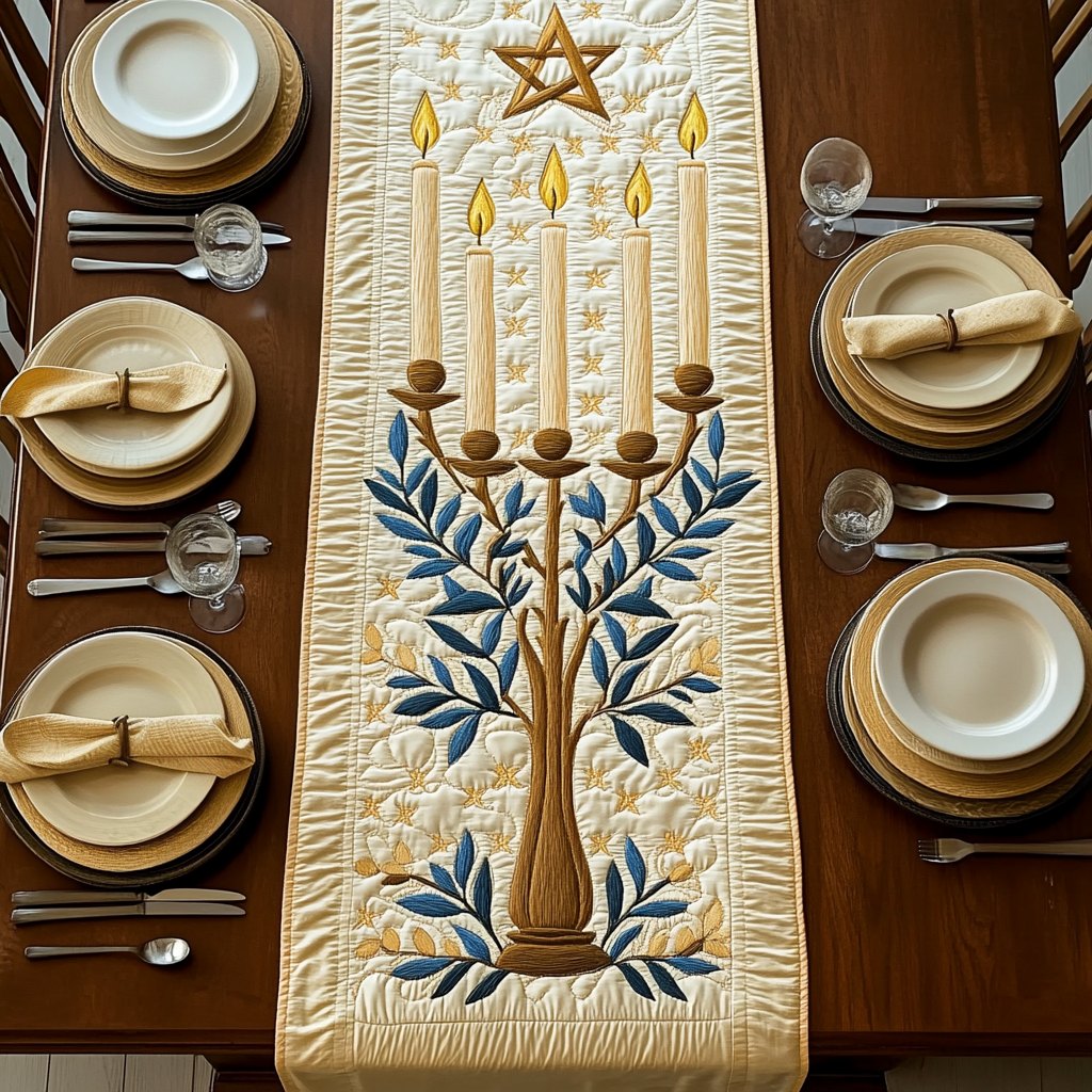 Menorah Tree of Life Cream Table Runner
