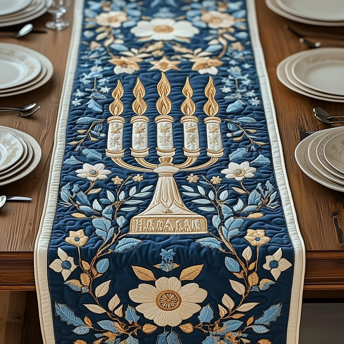 Menorah on Navy Floral Panel Table Runner