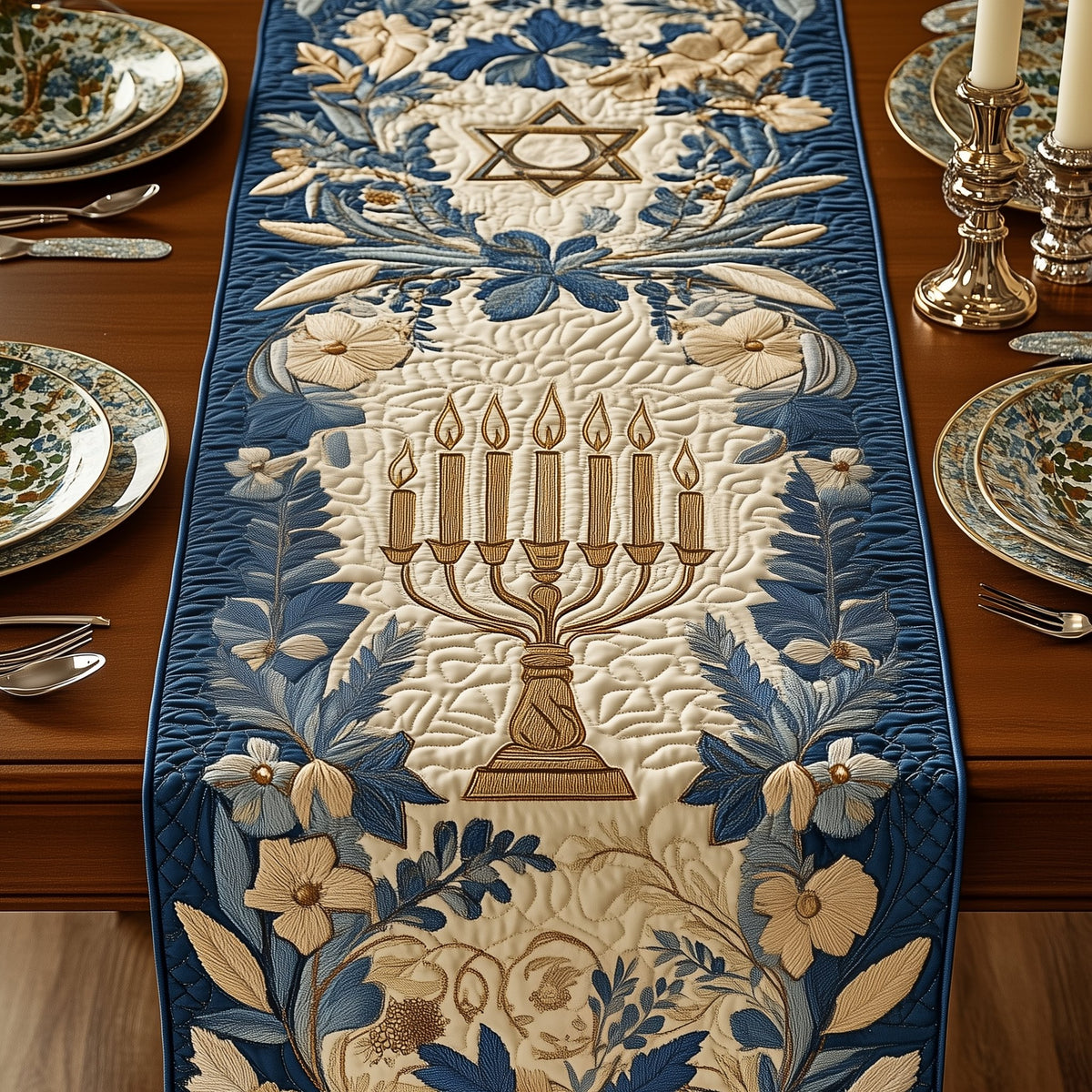 Golden Menorah on Blue Foliage Table Runner
